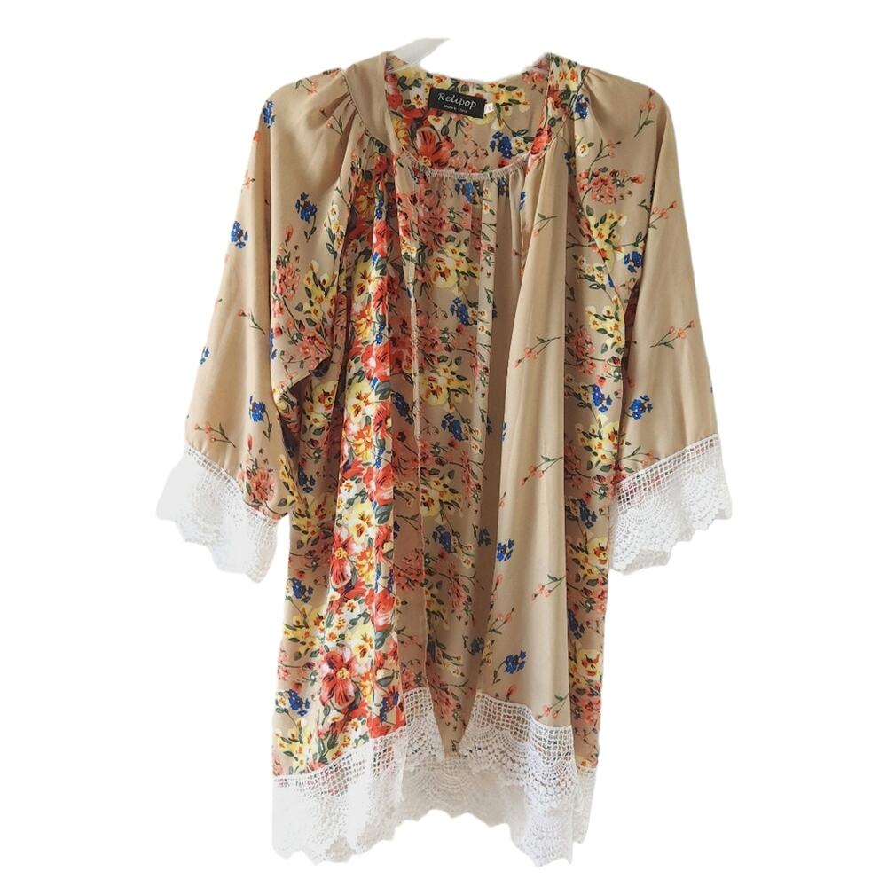 Relipop Floral Kimono Small Tan Orange Cotton Blend Boho Kimono Summer Coverup